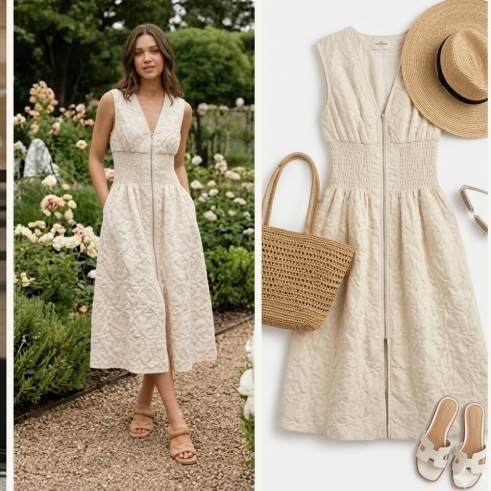 NWT Aureum The Vergara Front Zip Midi Dress Smocked Waist Embroidery Ivory Small